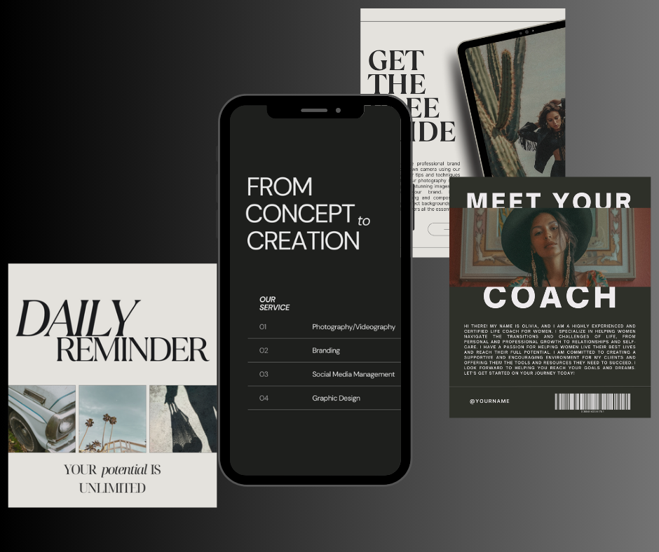 This Canva template is tailor-made for designers, entrepreneurs, creatives, coaches, and small businesses seeking a modern and impactful Instagram presence. The vertical layout ensures a seamless integration into the Instagram feed, providing a captivating visual journey for your audience.